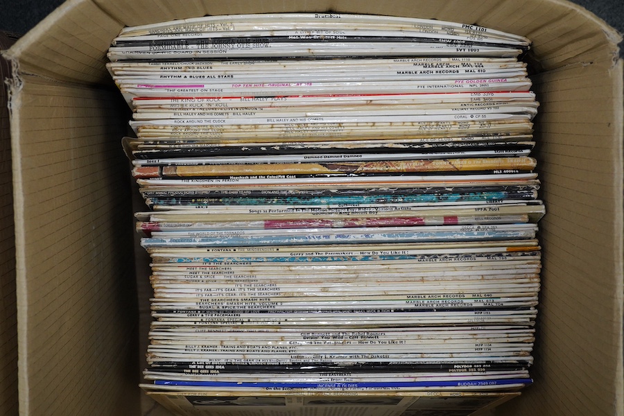 Two boxes of LP record albums, including some compilations and soundtracks, artists including; Billy J. Kramer, the Bee Gees, the Searchers, Jerry and the Pacemakers, Bill Haly and His Comets, Johnny Otis, Neil Diamond,